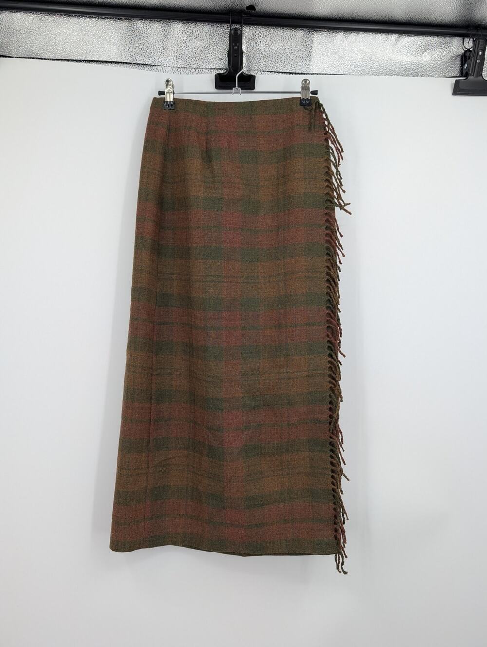 Charter Club 100% Wool Fringe Plaid Maxi Skirt Country Barn Ranch Western 10